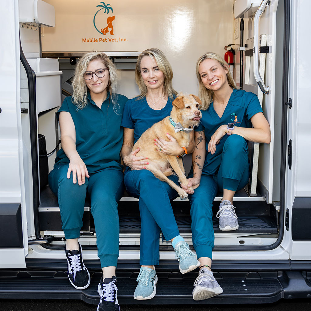 The Mobile Pet Vet team posing with two dogs